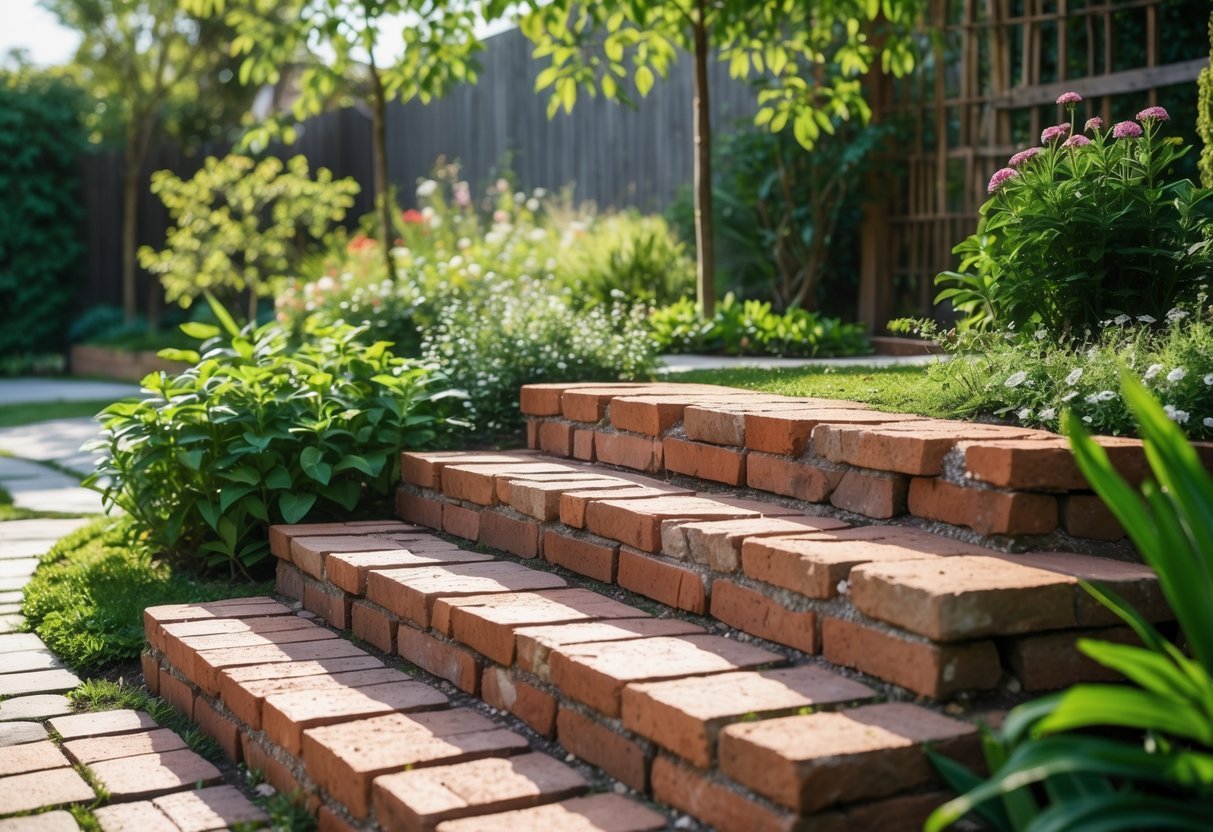 21+ Garden Ideas Using Reclaimed Bricks to Transform Your Outdoor Space in the US 9 Outdoor garden with steps made of reclaimed bricks surrounded by green plants and flowers.