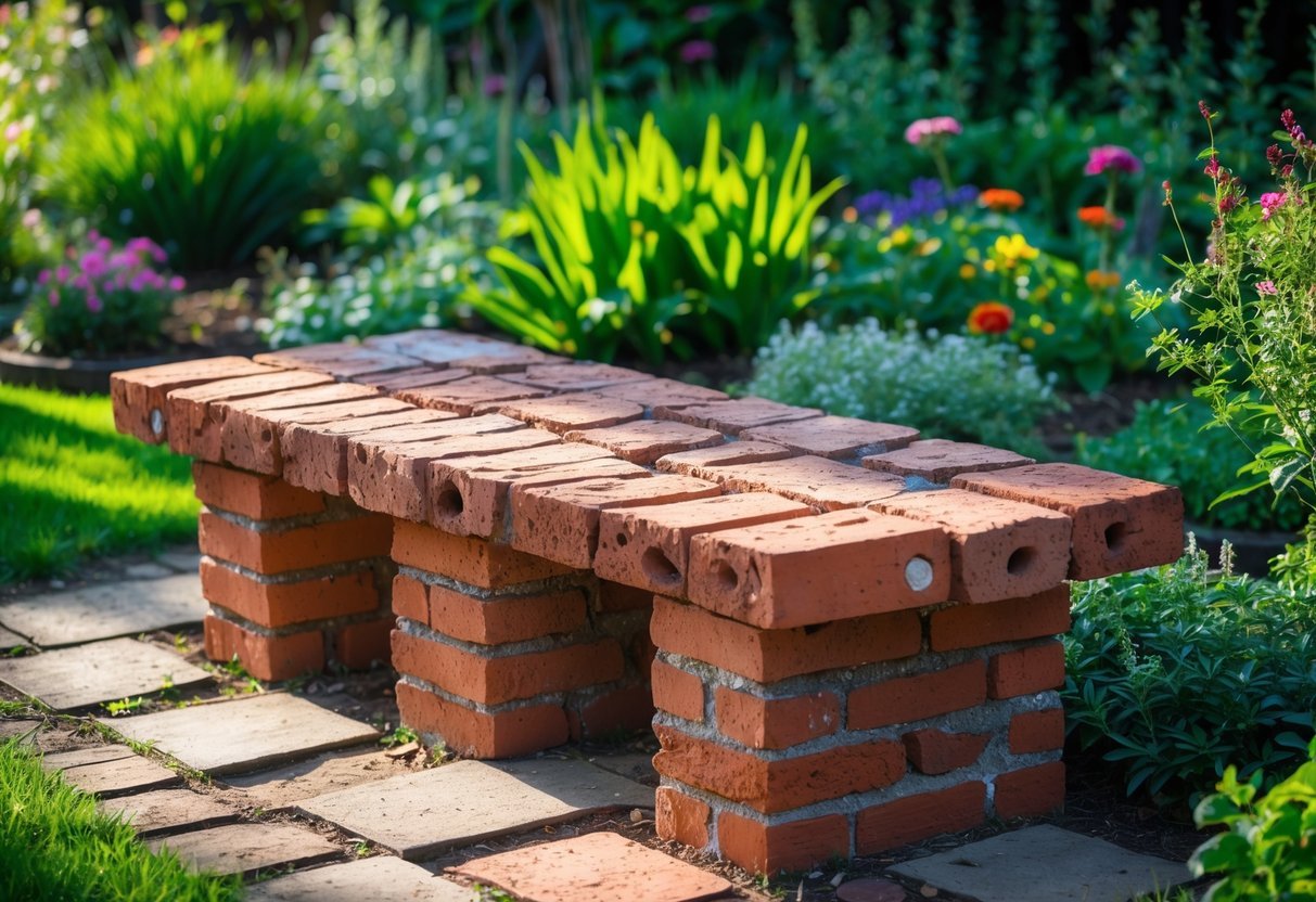 21+ Garden Ideas Using Reclaimed Bricks to Transform Your Outdoor Space in the US 11 A garden bench with a base made of reclaimed bricks surrounded by green plants and flowers in a garden.