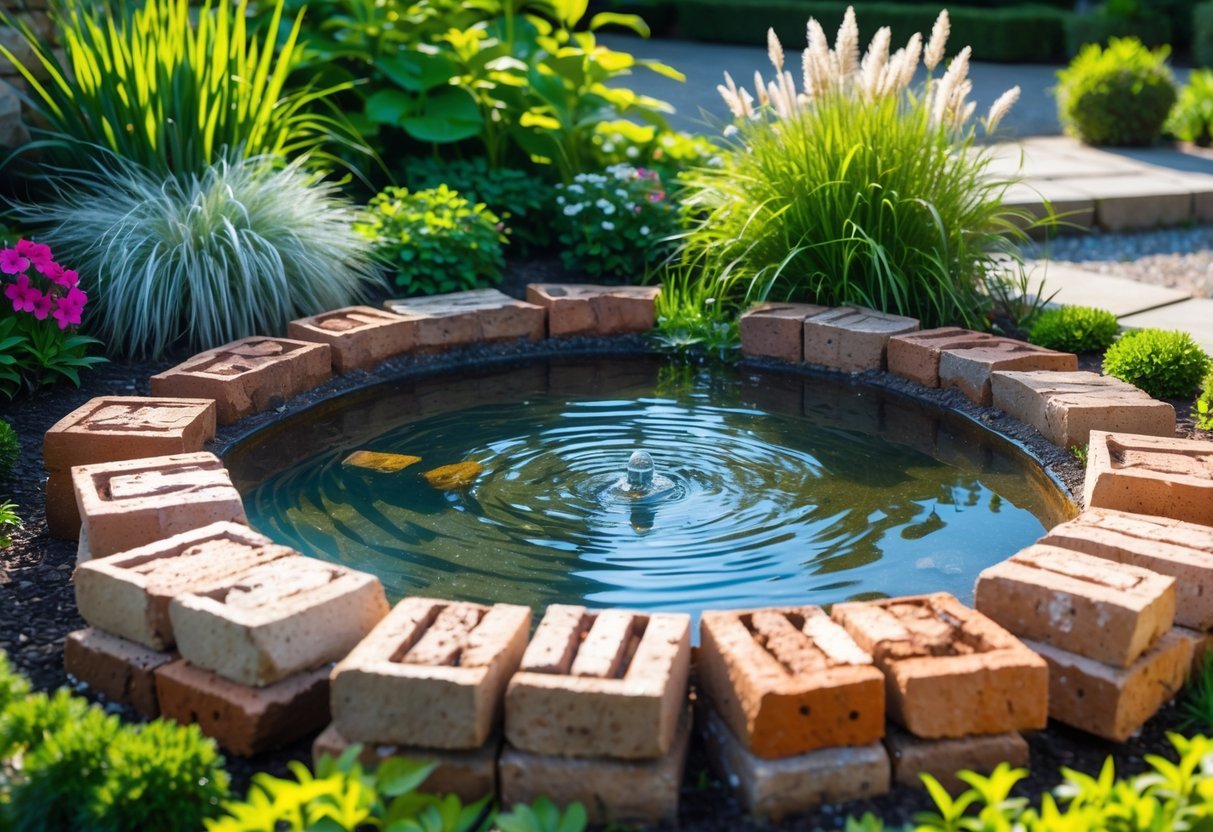 21+ Garden Ideas Using Reclaimed Bricks to Transform Your Outdoor Space in the US 12 A garden water feature bordered by reclaimed bricks surrounded by green plants and colorful flowers.