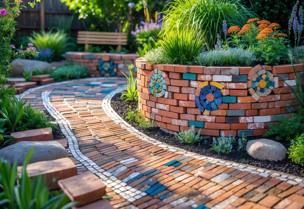 21+ Garden Ideas Using Reclaimed Bricks to Transform Your Outdoor Space in the US 13 A garden with colorful brick mosaic patterns made from reclaimed bricks surrounded by plants and flowers.