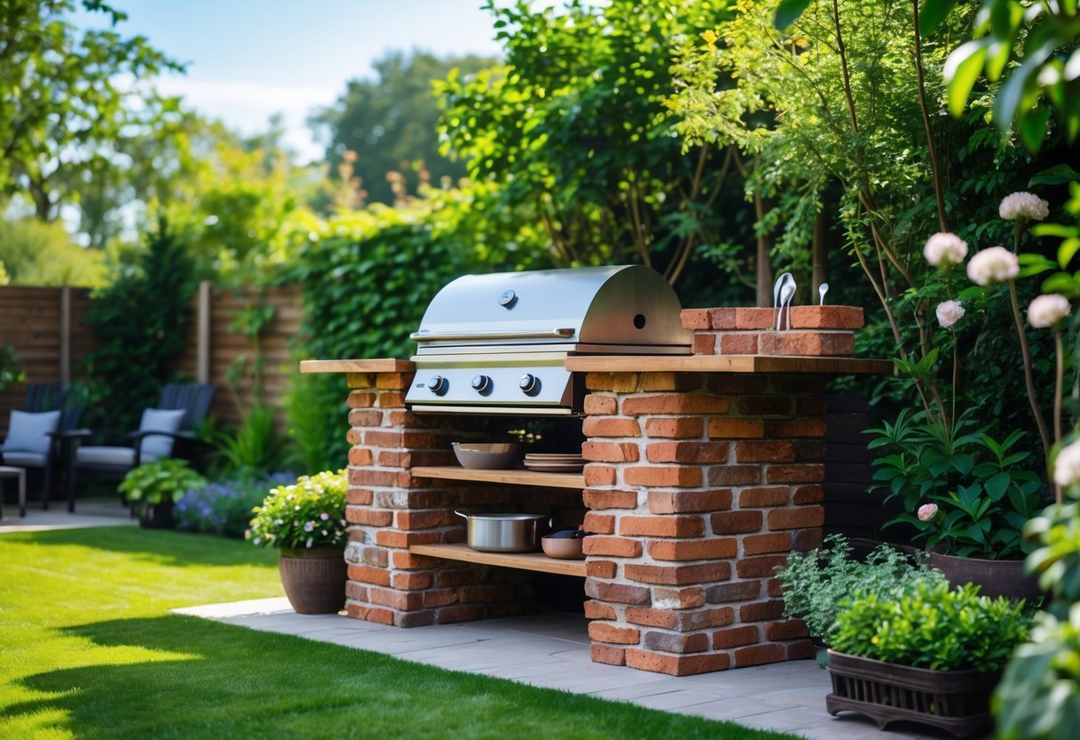 21+ Garden Ideas Using Reclaimed Bricks to Transform Your Outdoor Space in the US 14 Outdoor barbecue area with a base made of reclaimed bricks surrounded by green plants and garden foliage.