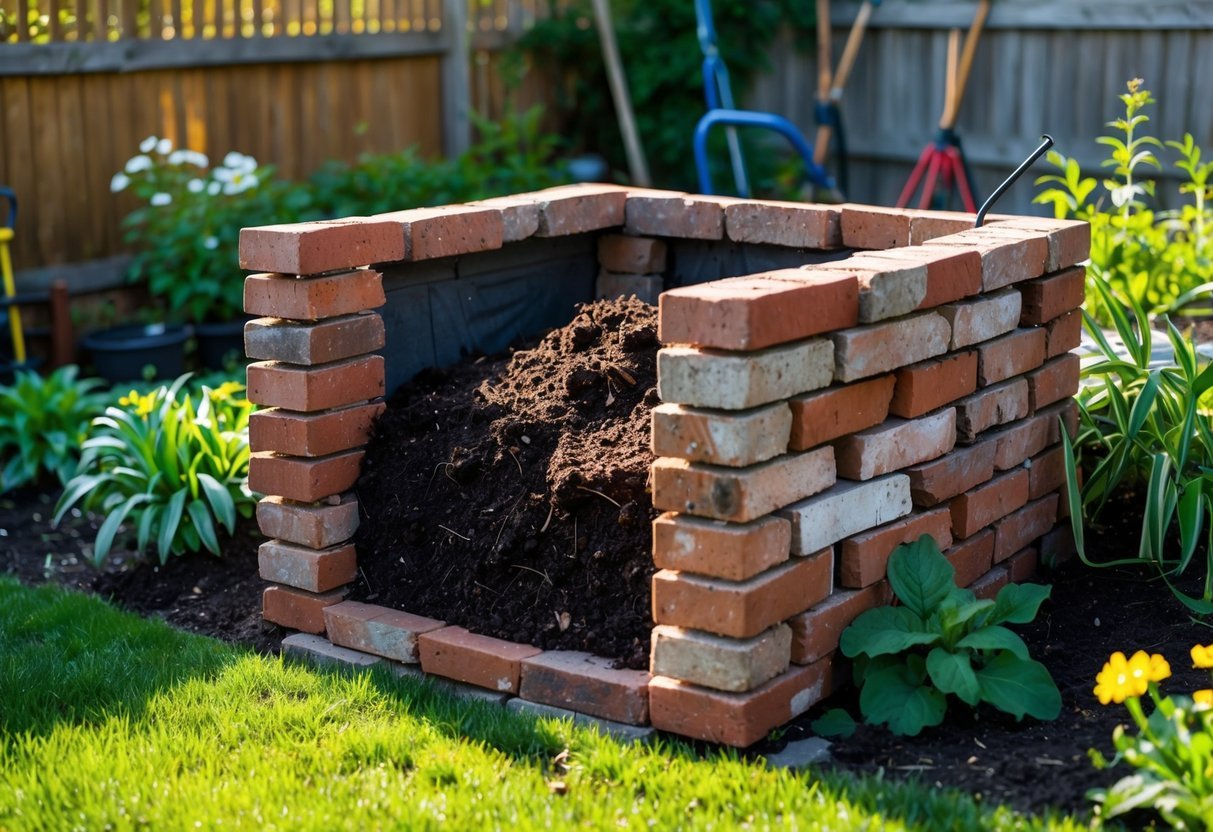 21+ Garden Ideas Using Reclaimed Bricks to Transform Your Outdoor Space in the US 15 A compost bin enclosure made of reclaimed bricks in a garden with plants and a wooden fence in the background.