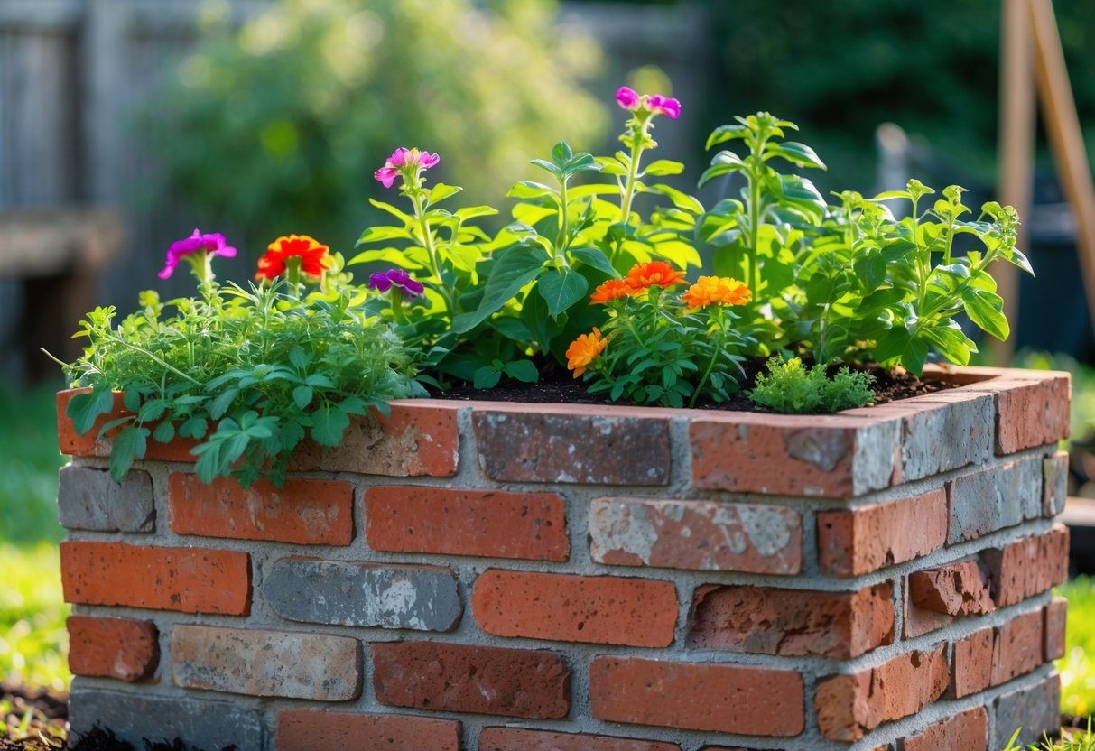 21+ Garden Ideas Using Reclaimed Bricks to Transform Your Outdoor Space in the US 16 Rectangular planter box made from reclaimed bricks filled with green plants and colorful flowers in an outdoor garden.