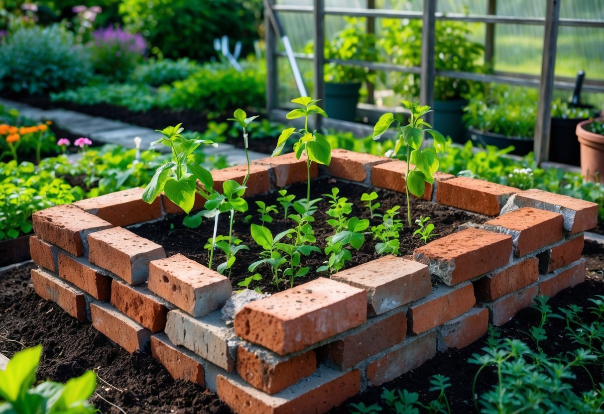 21+ Garden Ideas Using Reclaimed Bricks to Transform Your Outdoor Space in the US 17 A greenhouse foundation made of reclaimed bricks with plants growing inside and colorful garden beds surrounding it.