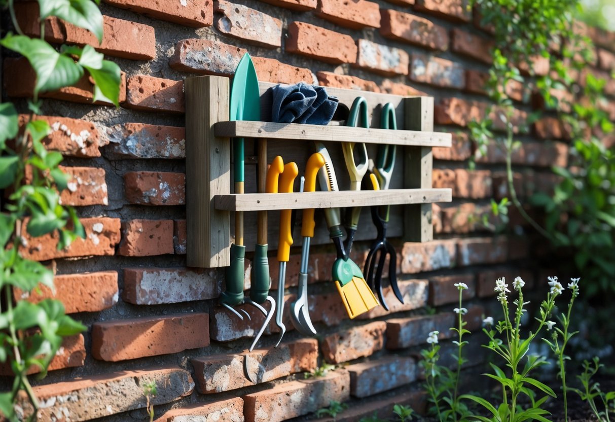 21+ Garden Ideas Using Reclaimed Bricks to Transform Your Outdoor Space in the US 18 Garden tool holder mounted on a wall made of reclaimed bricks with various garden tools hanging and green plants nearby.