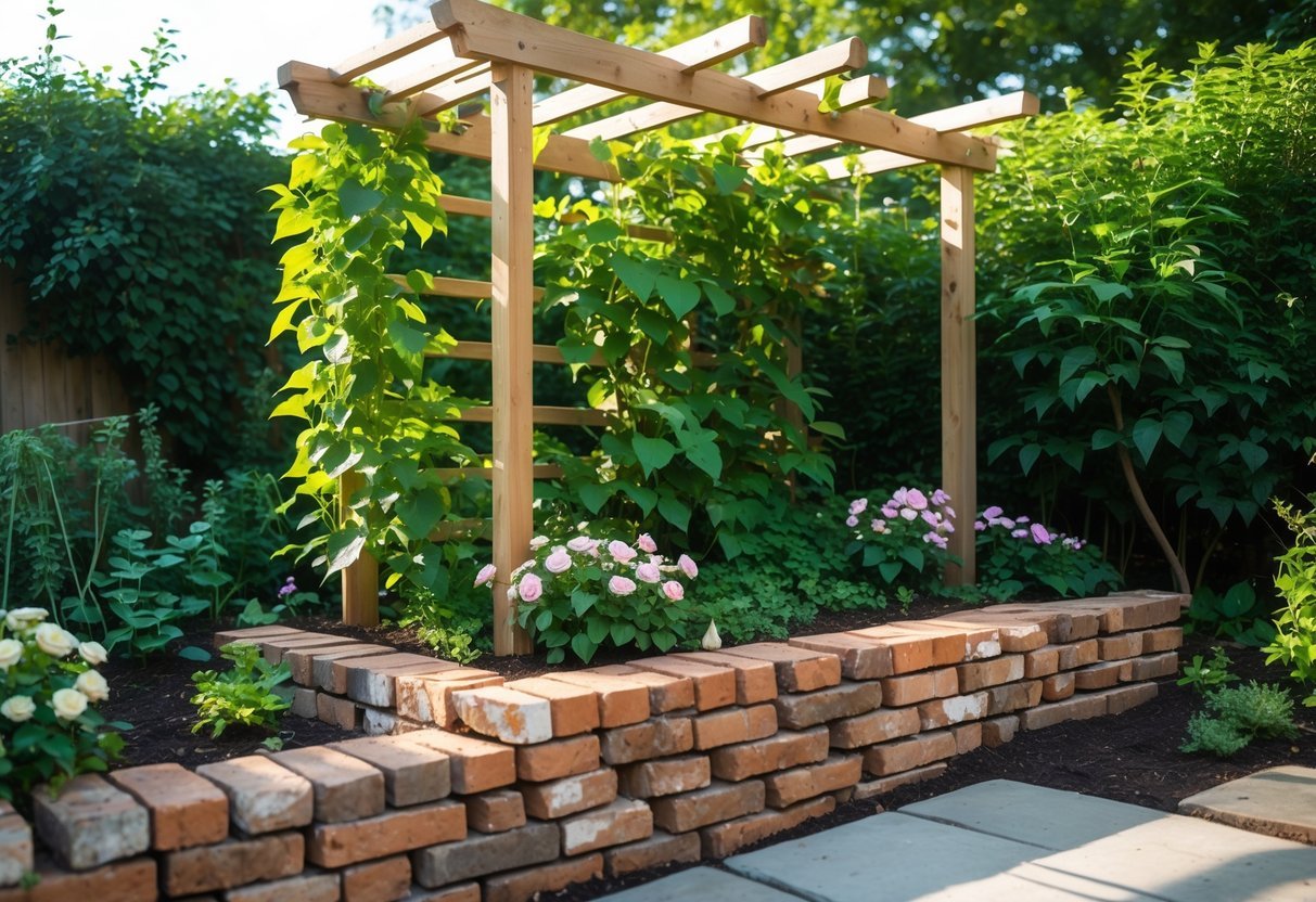 21+ Garden Ideas Using Reclaimed Bricks to Transform Your Outdoor Space in the US 19 A garden scene with a wooden trellis supported by a base made of reclaimed bricks, surrounded by climbing plants and flowers.