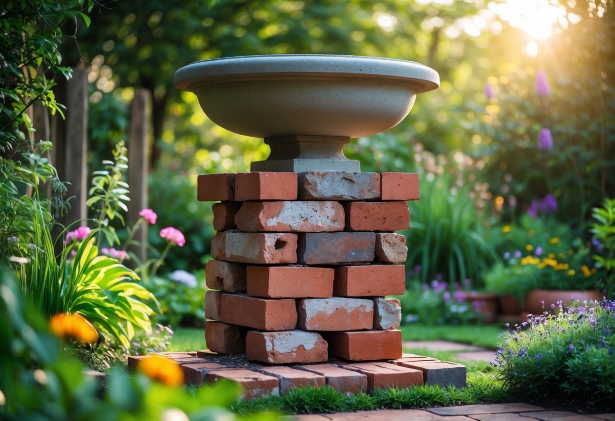 21+ Garden Ideas Using Reclaimed Bricks to Transform Your Outdoor Space in the US 20 A birdbath stand made from reclaimed bricks in a garden surrounded by plants and flowers.