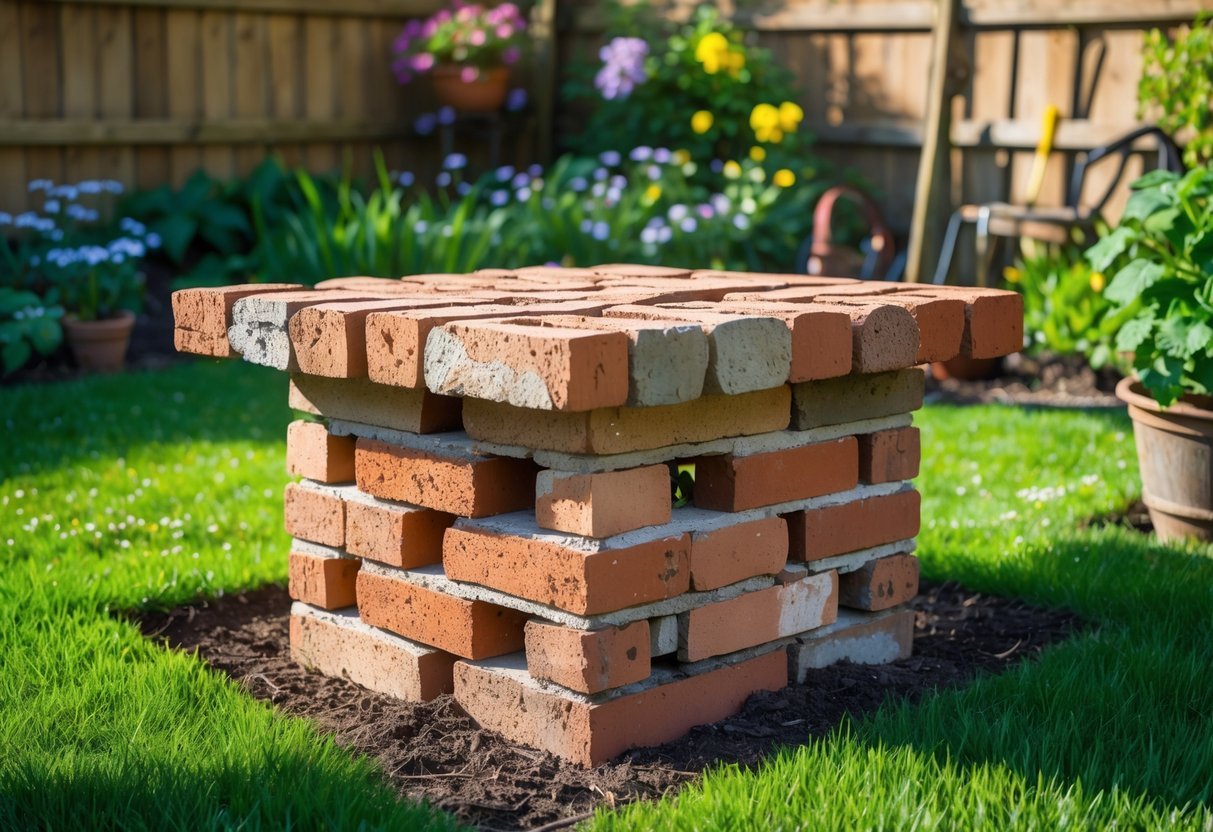 21+ Garden Ideas Using Reclaimed Bricks to Transform Your Outdoor Space in the US 21 An outdoor garden scene with a table base made from reclaimed bricks surrounded by green grass and plants.