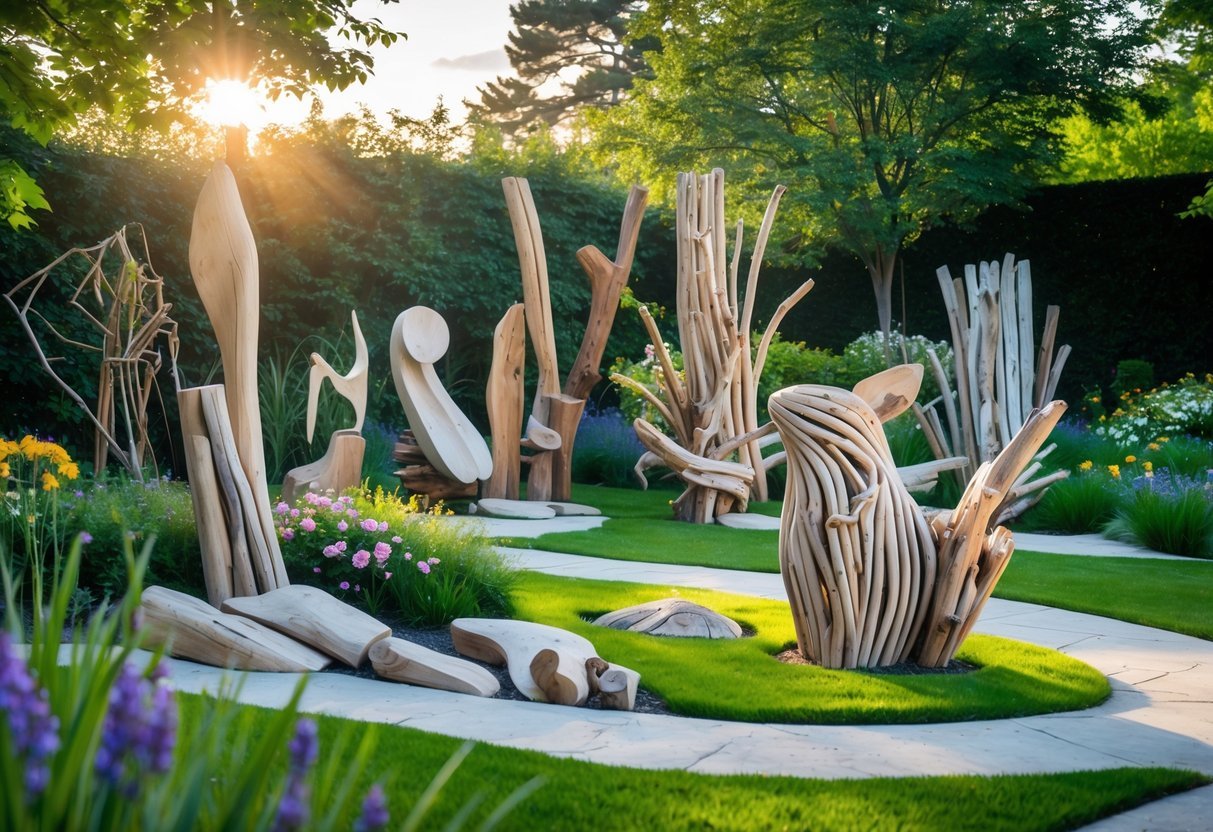 22+ Driftwood Garden Art Ideas: Stunning DIY Projects to Elevate Your Outdoor Space 2 An outdoor garden with artistic driftwood sculptures surrounded by green plants and colorful flowers.