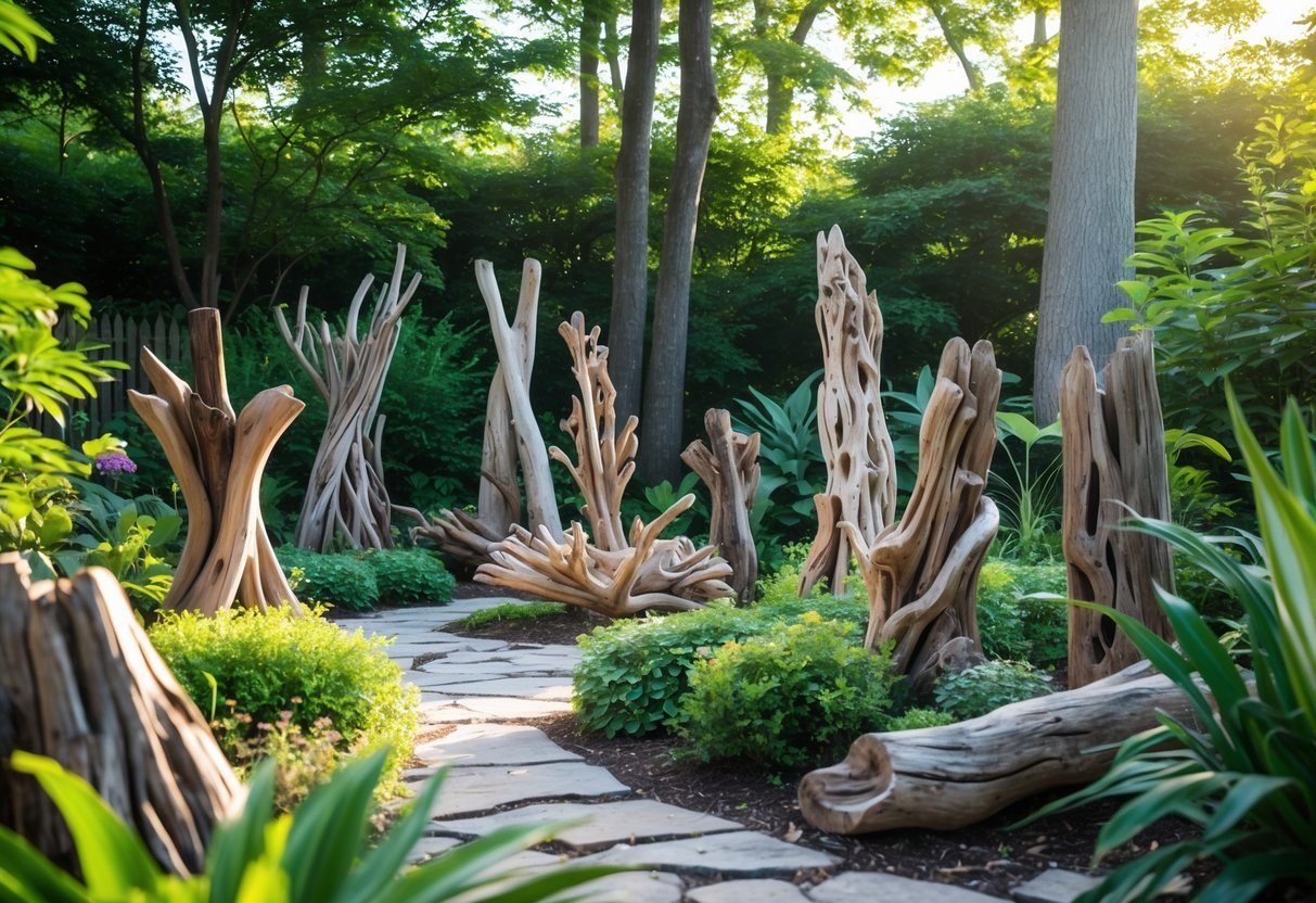 22+ Driftwood Garden Art Ideas: Stunning DIY Projects to Elevate Your Outdoor Space 3 Outdoor garden with various driftwood sculptures placed among green plants and stone pathways under natural sunlight.