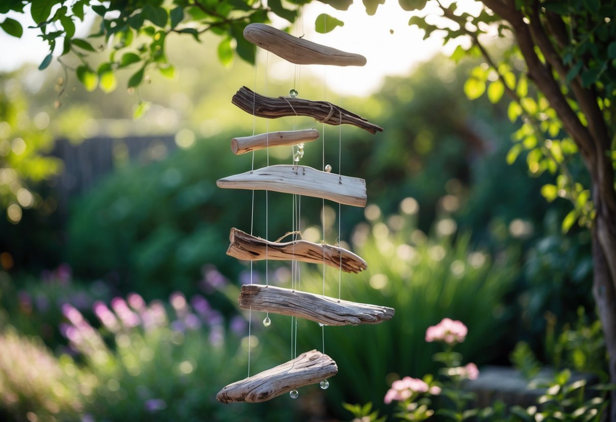 22+ Driftwood Garden Art Ideas: Stunning DIY Projects to Elevate Your Outdoor Space 4 Driftwood wind chimes hanging in a garden with green plants and flowers in the background.