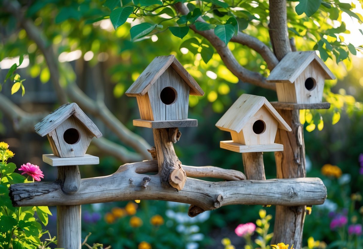 22+ Driftwood Garden Art Ideas: Stunning DIY Projects to Elevate Your Outdoor Space 5 A garden with several driftwood birdhouses mounted on wooden posts surrounded by green plants and flowers.