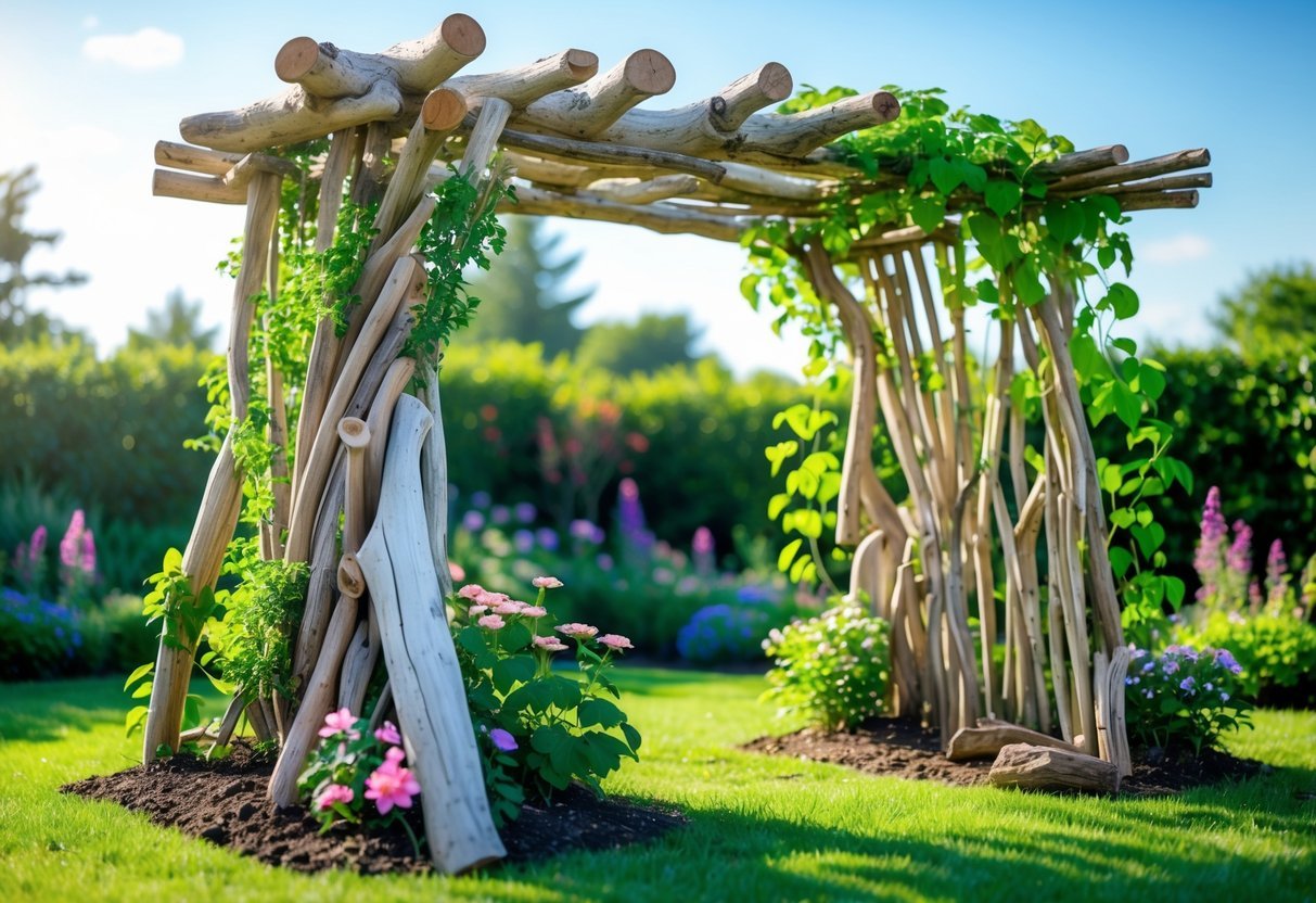22+ Driftwood Garden Art Ideas: Stunning DIY Projects to Elevate Your Outdoor Space 6 A garden trellis made of driftwood with climbing plants and flowers in a sunlit garden.