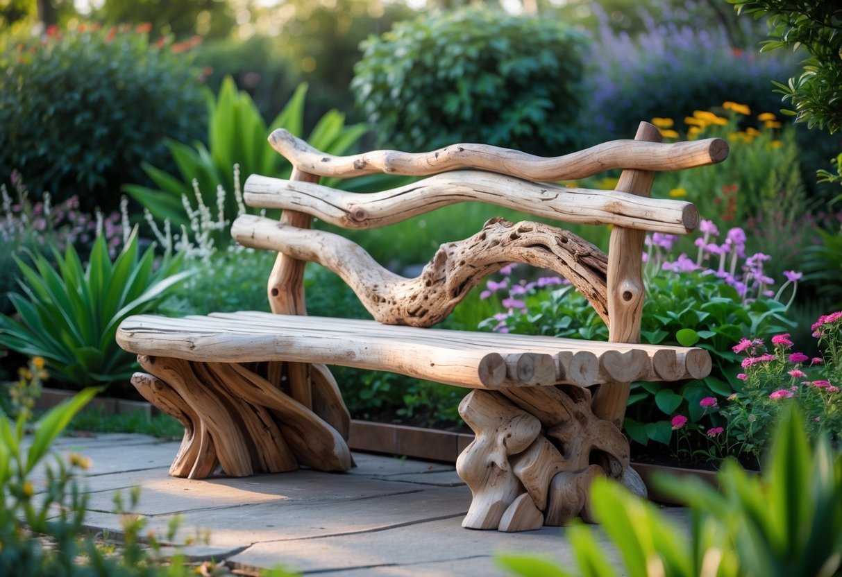 22+ Driftwood Garden Art Ideas: Stunning DIY Projects to Elevate Your Outdoor Space 7 A driftwood garden bench surrounded by green plants and colorful flowers in a garden.