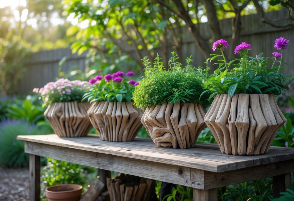 22+ Driftwood Garden Art Ideas: Stunning DIY Projects to Elevate Your Outdoor Space 8 A garden scene with flower pots made from driftwood holding colorful blooming flowers on a wooden table surrounded by green plants.