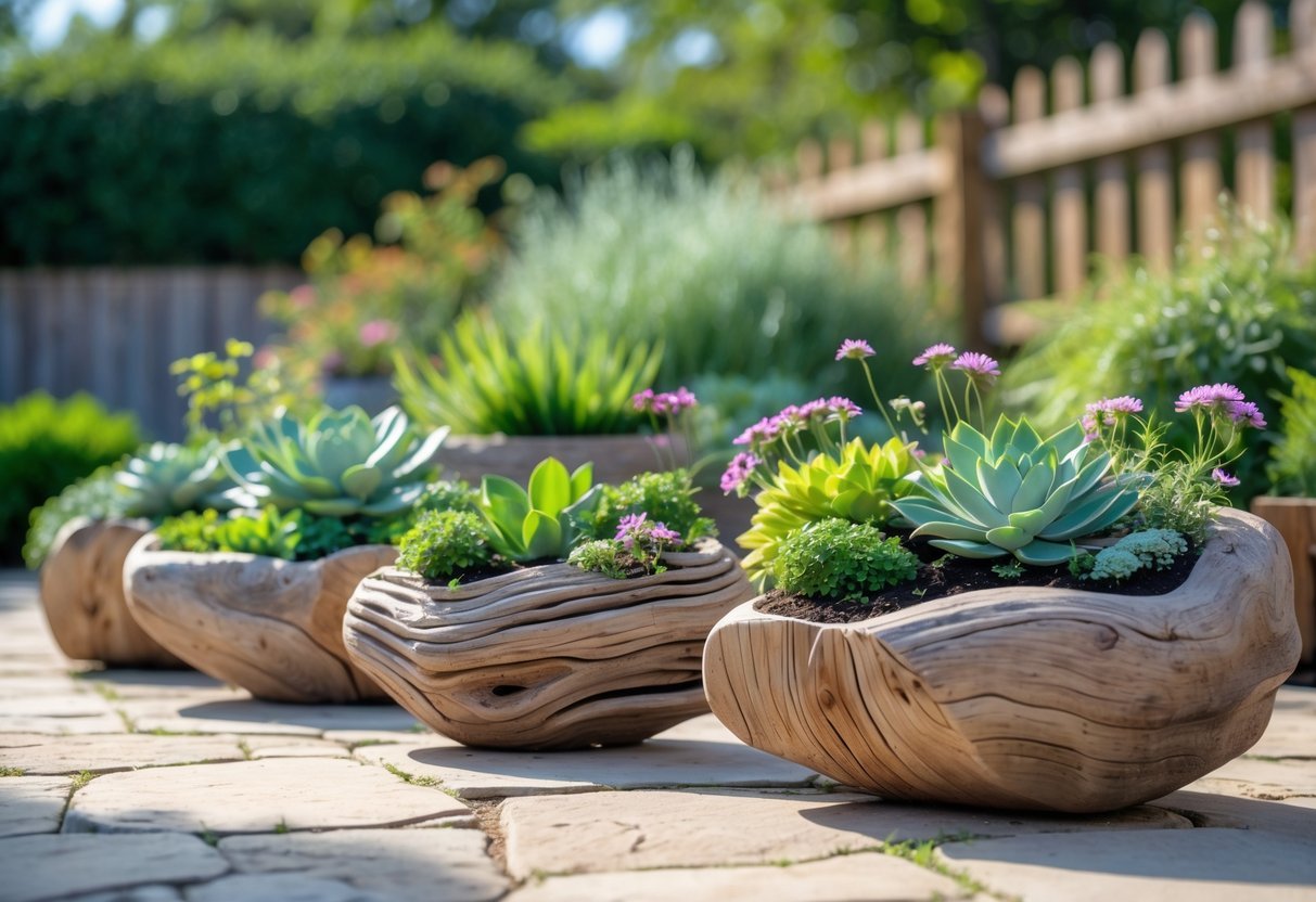 22+ Driftwood Garden Art Ideas: Stunning DIY Projects to Elevate Your Outdoor Space 9 A garden scene with driftwood planters holding green plants and flowers arranged on a stone patio.