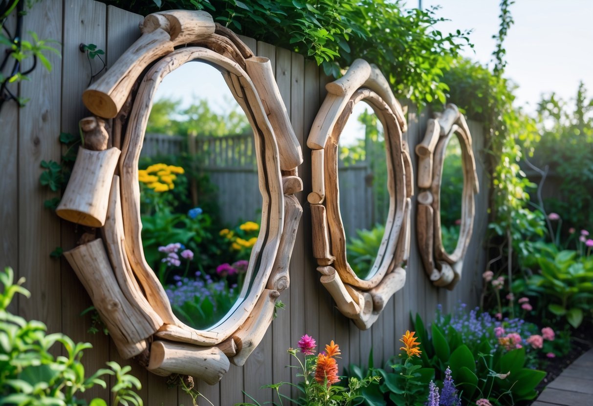 22+ Driftwood Garden Art Ideas: Stunning DIY Projects to Elevate Your Outdoor Space 10 Outdoor garden with mirrors framed by driftwood hanging on a wooden fence surrounded by plants and flowers.