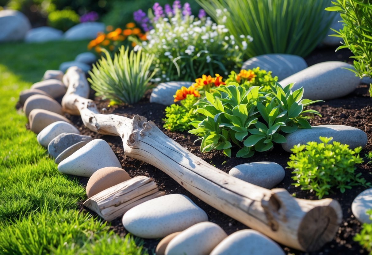 22+ Driftwood Garden Art Ideas: Stunning DIY Projects to Elevate Your Outdoor Space 11 A garden with driftwood pieces arranged as edging around colorful flowers and green plants.
