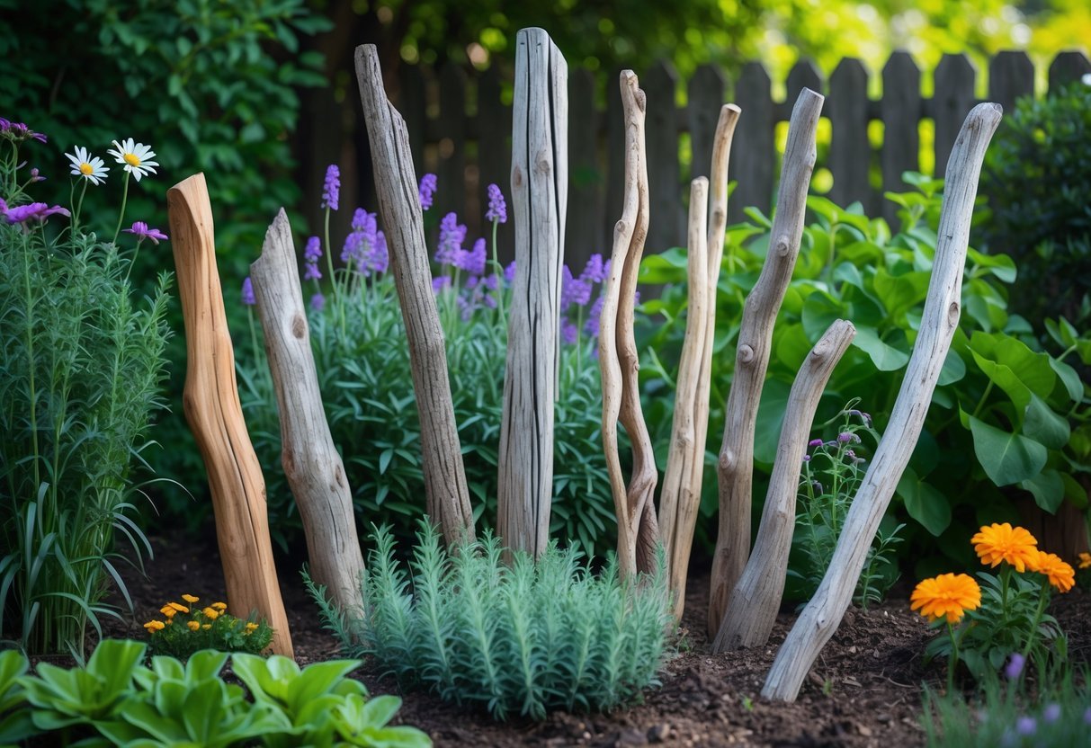 22+ Driftwood Garden Art Ideas: Stunning DIY Projects to Elevate Your Outdoor Space 12 A garden bed with driftwood stakes arranged among green plants and colorful flowers under natural sunlight.
