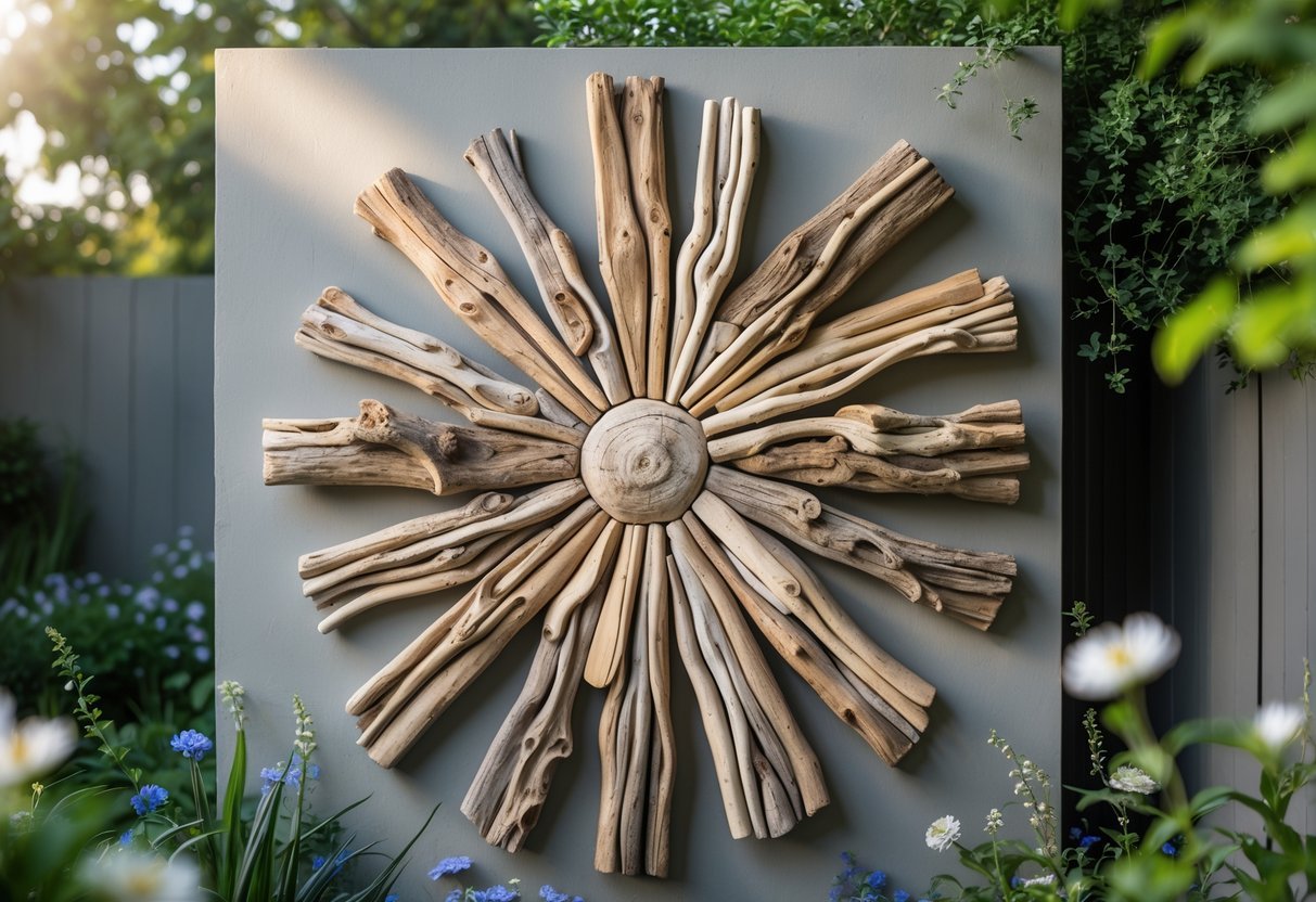 22+ Driftwood Garden Art Ideas: Stunning DIY Projects to Elevate Your Outdoor Space 13 A sunburst-shaped wall art made of driftwood displayed outdoors in a garden surrounded by plants and greenery.