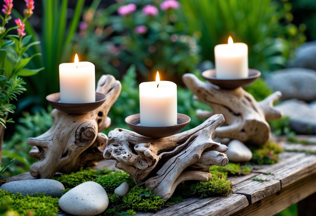 22+ Driftwood Garden Art Ideas: Stunning DIY Projects to Elevate Your Outdoor Space 14 Driftwood candle holders with lit candles arranged outdoors on a wooden table surrounded by green plants and flowers.