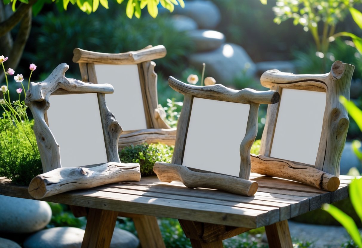 22+ Driftwood Garden Art Ideas: Stunning DIY Projects to Elevate Your Outdoor Space 15 Driftwood photo frames displayed on a wooden table in a garden surrounded by plants and flowers.