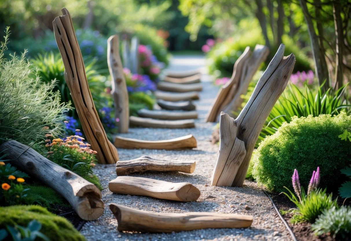 22+ Driftwood Garden Art Ideas: Stunning DIY Projects to Elevate Your Outdoor Space 16 A garden pathway bordered by pieces of driftwood used as markers, surrounded by green plants and flowers.