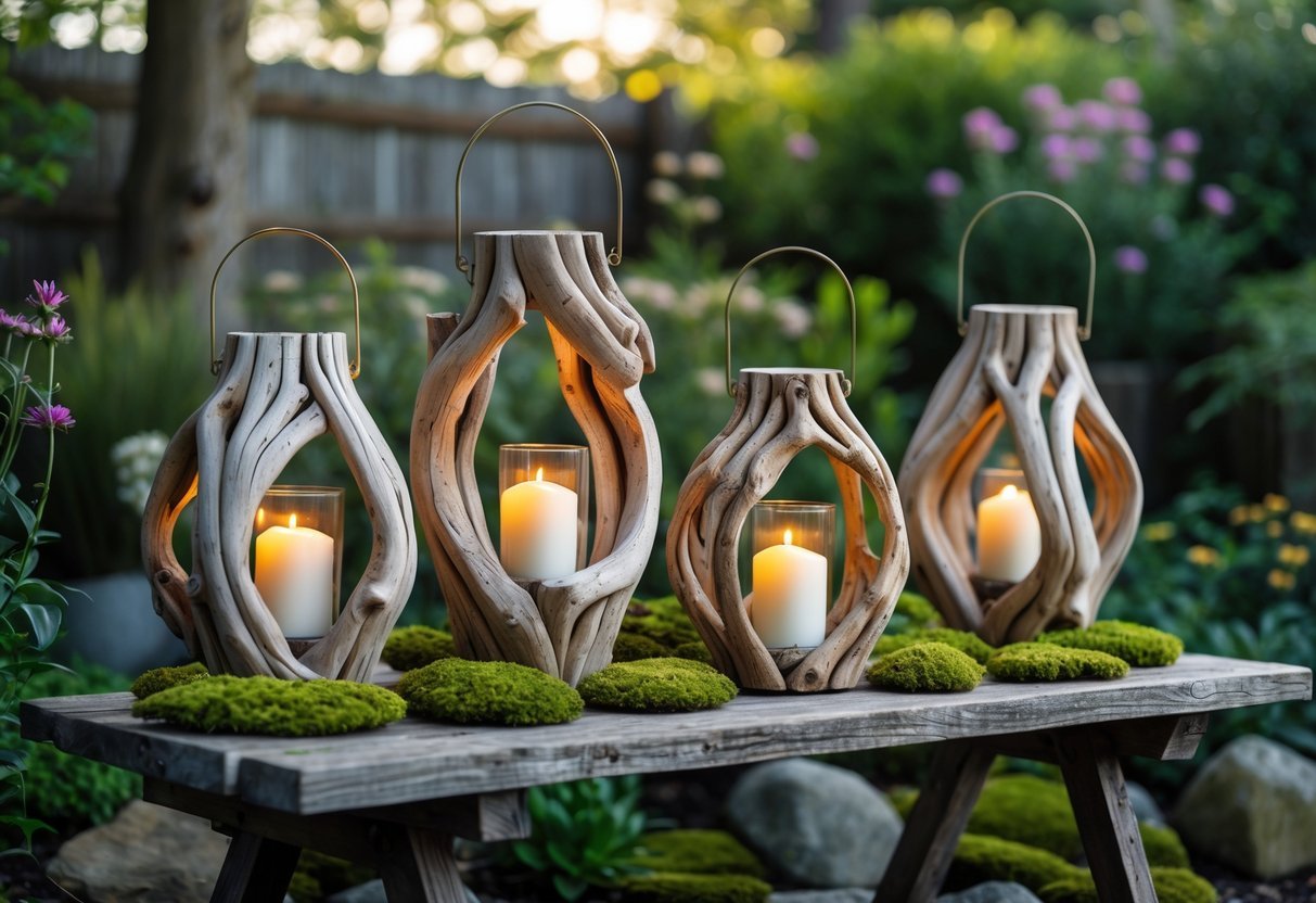 22+ Driftwood Garden Art Ideas: Stunning DIY Projects to Elevate Your Outdoor Space 17 A group of driftwood lanterns with candles glowing inside, arranged on a wooden table in a garden surrounded by plants and greenery.