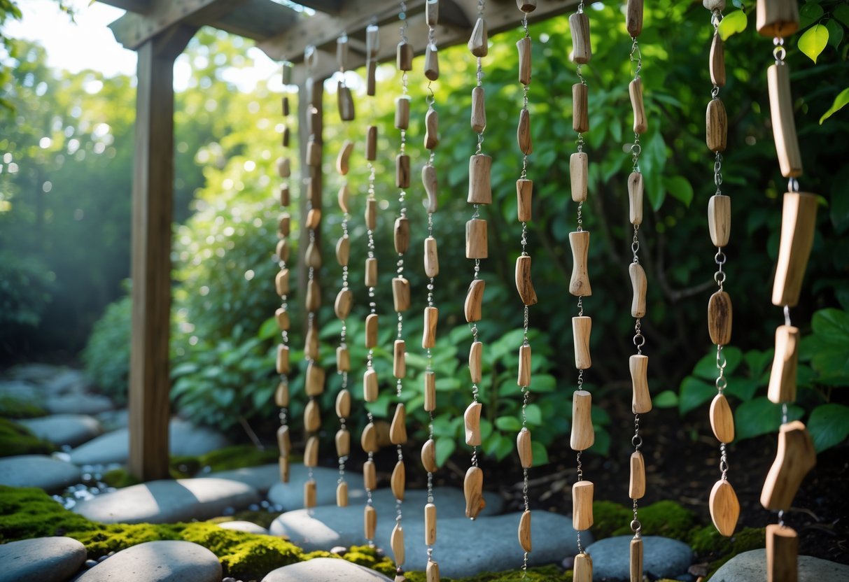 22+ Driftwood Garden Art Ideas: Stunning DIY Projects to Elevate Your Outdoor Space 18 Driftwood rain chains hanging in a garden with green plants and stones beneath.