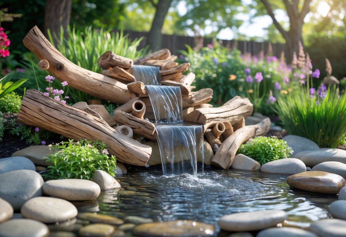 22+ Driftwood Garden Art Ideas: Stunning DIY Projects to Elevate Your Outdoor Space 19 A garden with a driftwood water feature surrounded by green plants, flowers, and stones, with water flowing over the wood.