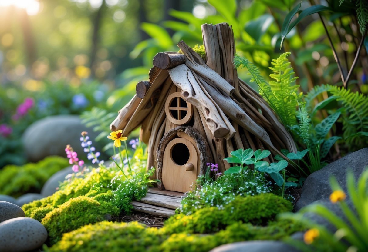 22+ Driftwood Garden Art Ideas: Stunning DIY Projects to Elevate Your Outdoor Space 20 A small fairy house made of driftwood surrounded by moss, ferns, and wildflowers in a garden.