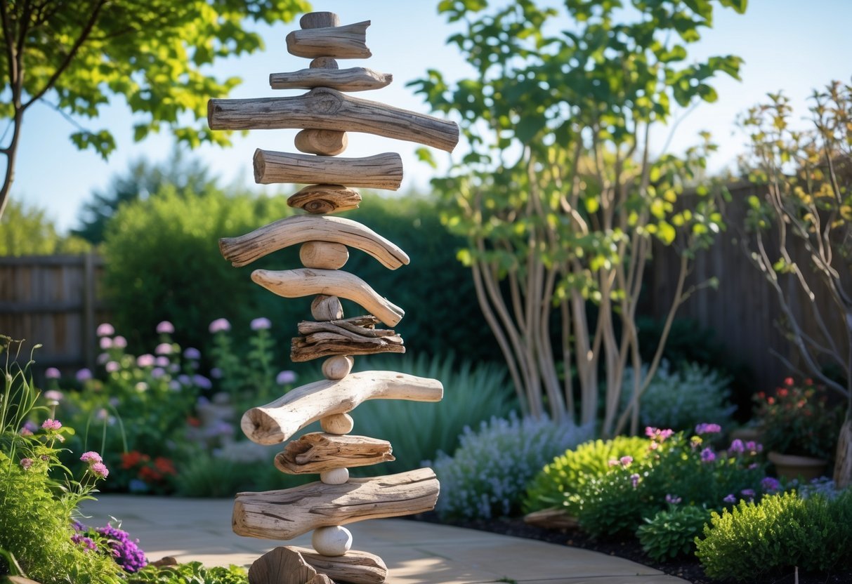 22+ Driftwood Garden Art Ideas: Stunning DIY Projects to Elevate Your Outdoor Space 21 A tall driftwood sculpture standing in a green garden with flowers and plants under a clear sky.
