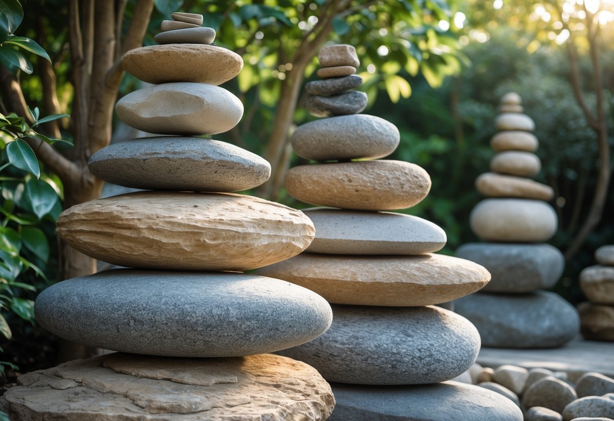 14+ Rock Stacking Art Garden Sculpture Ideas: Stunning Designs to Elevate Your Outdoor Space 2 A garden scene with several stacks of balanced natural stones surrounded by green plants and sunlight.