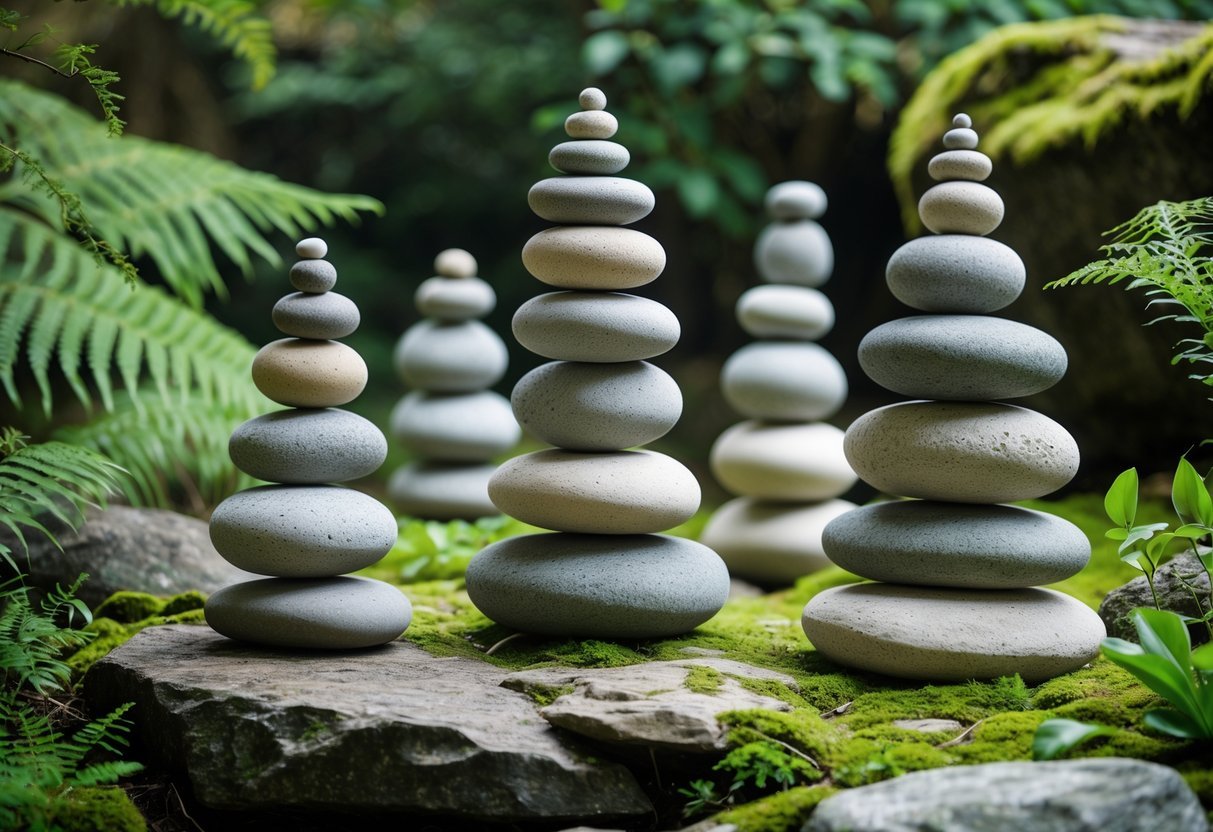 14+ Rock Stacking Art Garden Sculpture Ideas: Stunning Designs to Elevate Your Outdoor Space 3 Several balanced stacks of smooth stones arranged on rocks and moss in a peaceful garden surrounded by green plants.