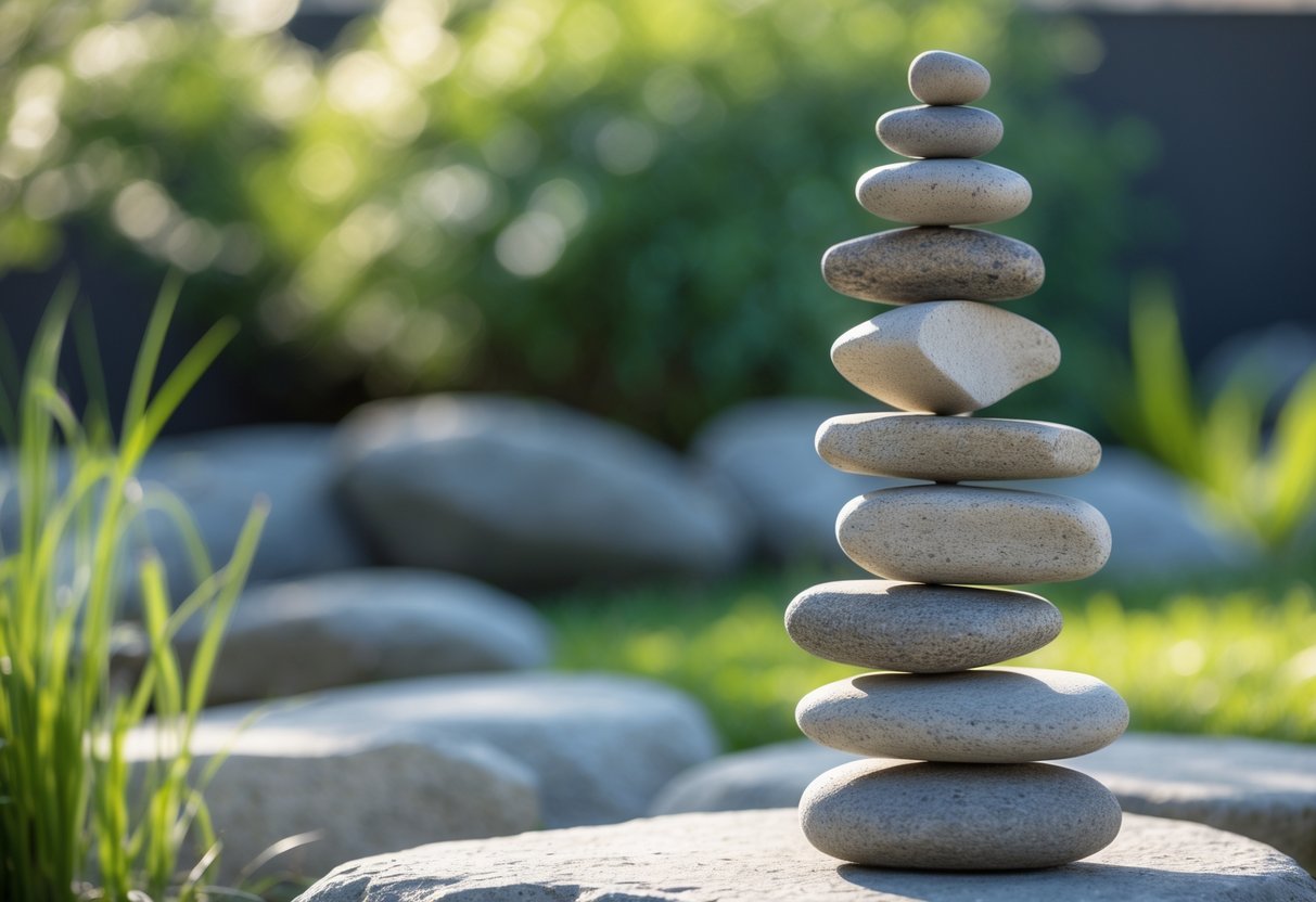 14+ Rock Stacking Art Garden Sculpture Ideas: Stunning Designs to Elevate Your Outdoor Space 4 Two towers of balanced stones standing outdoors surrounded by greenery.