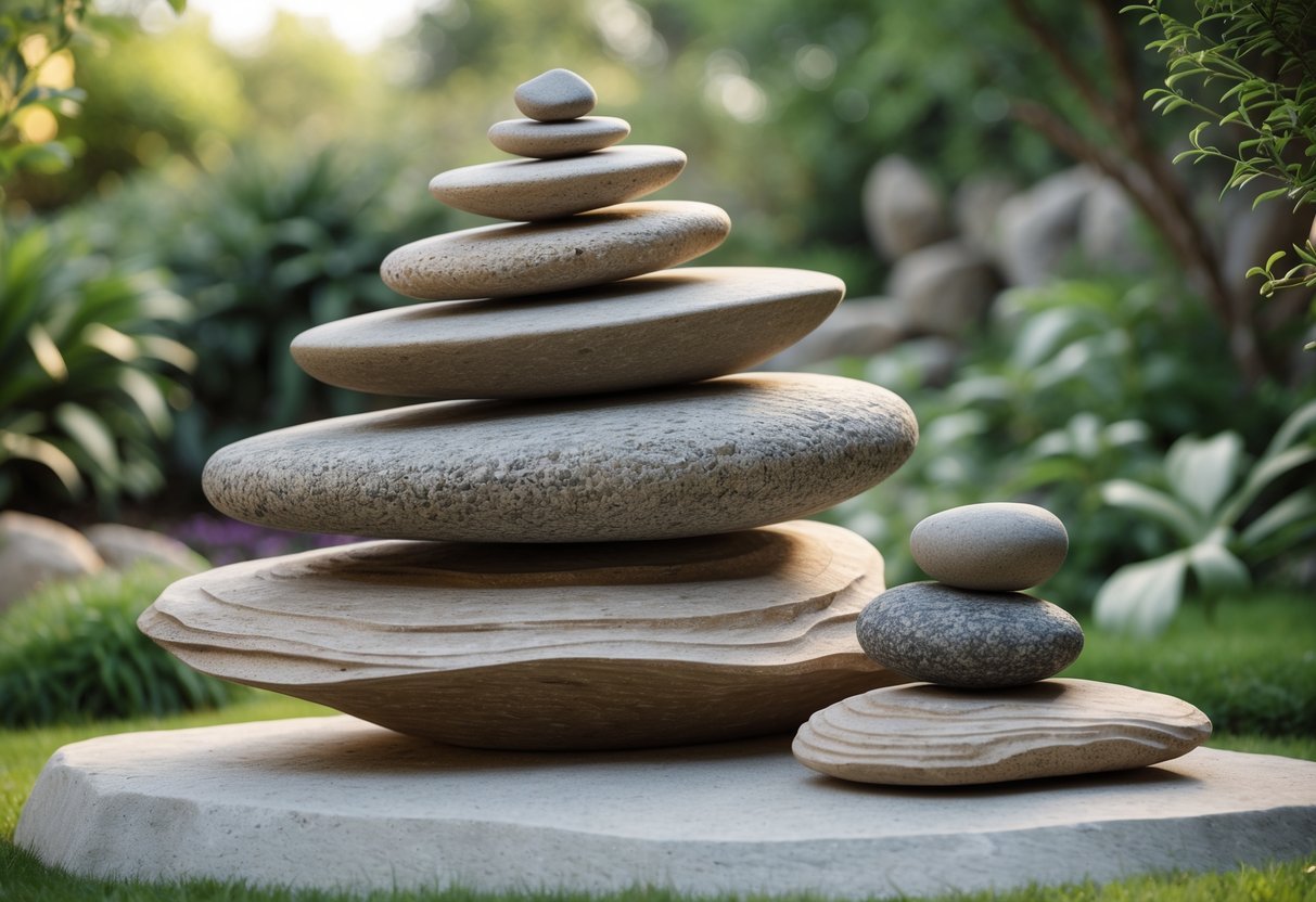 14+ Rock Stacking Art Garden Sculpture Ideas: Stunning Designs to Elevate Your Outdoor Space 5 A serene garden scene with several stacks of smooth, balanced rocks arranged artistically among green plants.
