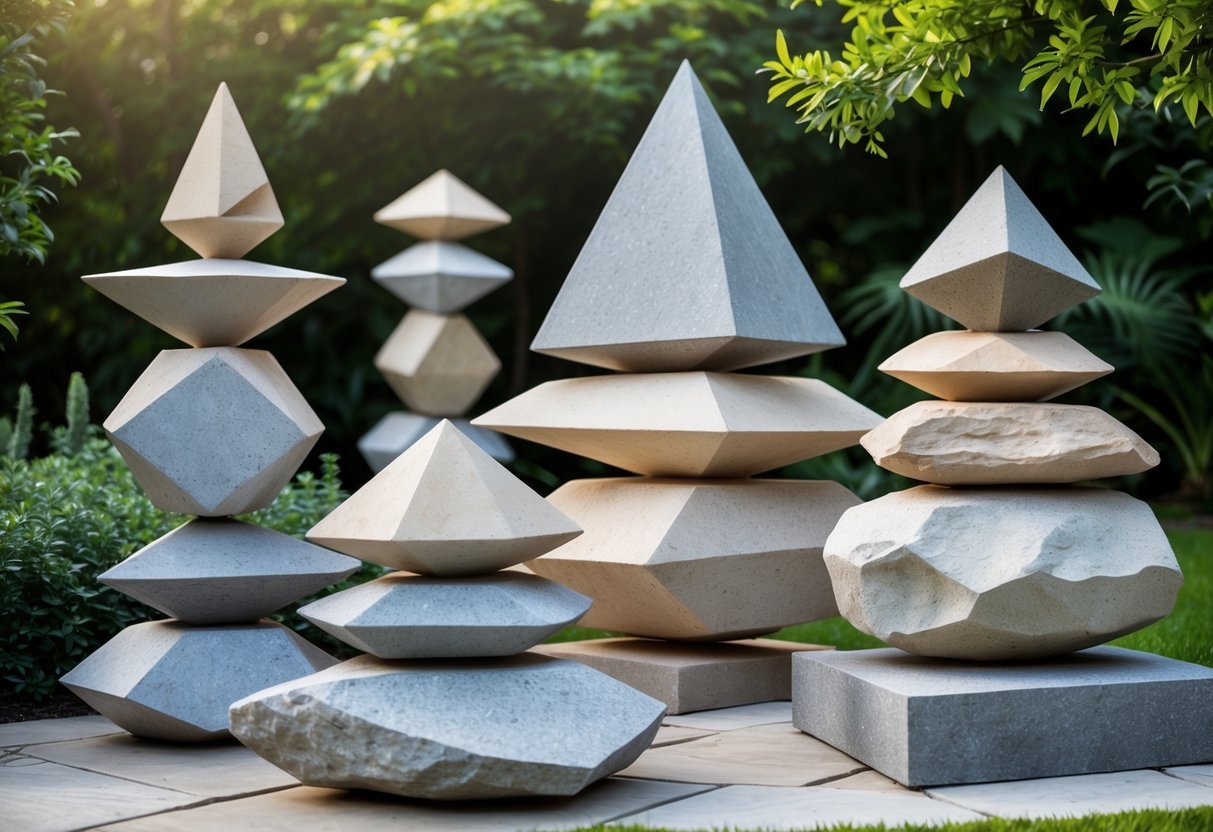 14+ Rock Stacking Art Garden Sculpture Ideas: Stunning Designs to Elevate Your Outdoor Space 6 A garden with several carefully stacked geometric rock sculptures surrounded by green plants.