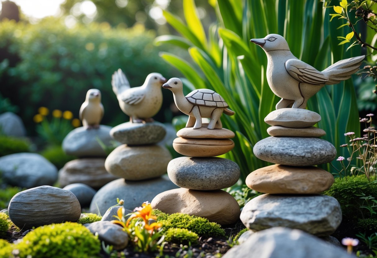 14+ Rock Stacking Art Garden Sculpture Ideas: Stunning Designs to Elevate Your Outdoor Space 7 A garden with several animal-shaped rock sculptures made by stacking stones, surrounded by greenery and flowers.