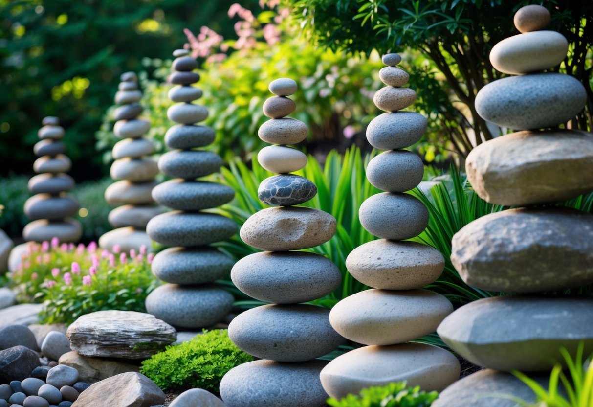 14+ Rock Stacking Art Garden Sculpture Ideas: Stunning Designs to Elevate Your Outdoor Space 8 A peaceful garden with several spiral arrangements of stacked stones surrounded by green plants and foliage.