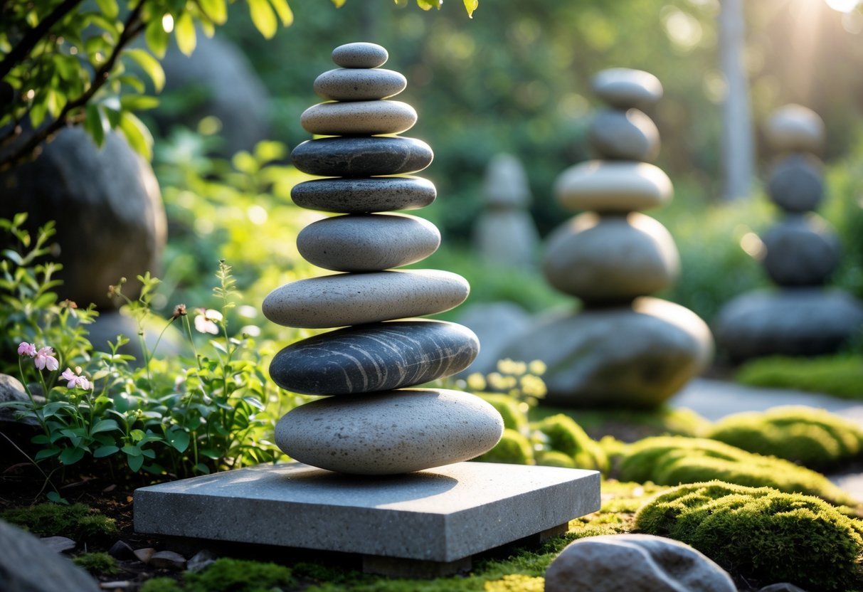 14+ Rock Stacking Art Garden Sculpture Ideas: Stunning Designs to Elevate Your Outdoor Space 9 A balanced stack of smooth stones in a garden surrounded by green plants and soft sunlight.