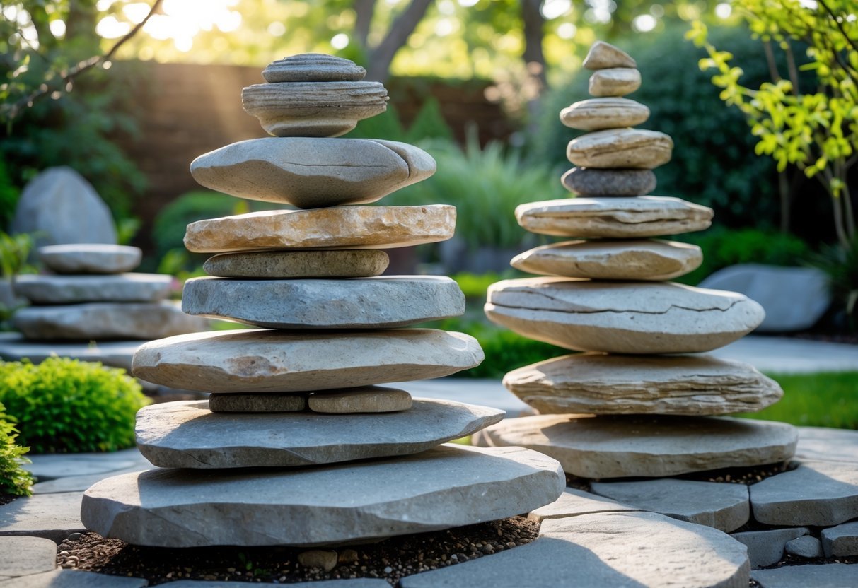 14+ Rock Stacking Art Garden Sculpture Ideas: Stunning Designs to Elevate Your Outdoor Space 10 A garden with several balanced stacks of natural rocks surrounded by green plants and trees.