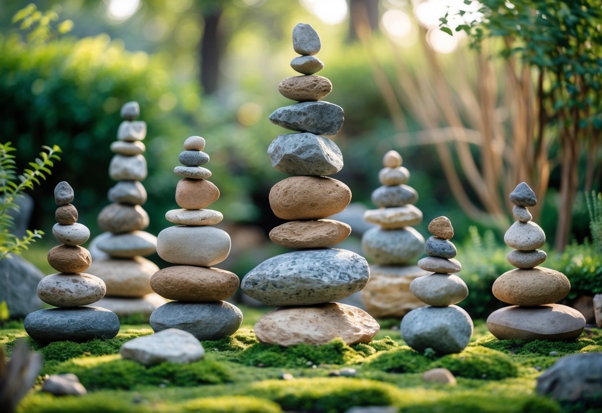 14+ Rock Stacking Art Garden Sculpture Ideas: Stunning Designs to Elevate Your Outdoor Space 11 Nine carefully balanced stone cairns arranged in a peaceful garden surrounded by plants and trees.