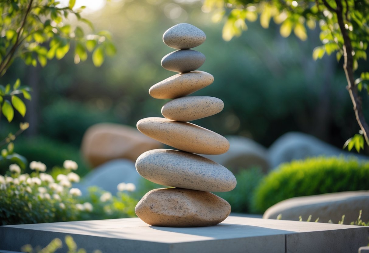 14+ Rock Stacking Art Garden Sculpture Ideas: Stunning Designs to Elevate Your Outdoor Space 12 A balanced stack of smooth stones arranged vertically in a garden with green plants and soft sunlight.