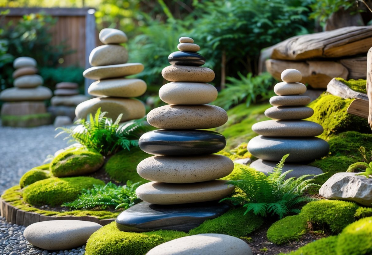 14+ Rock Stacking Art Garden Sculpture Ideas: Stunning Designs to Elevate Your Outdoor Space 13 A peaceful outdoor garden with several stacks of balanced stones surrounded by green plants and moss.