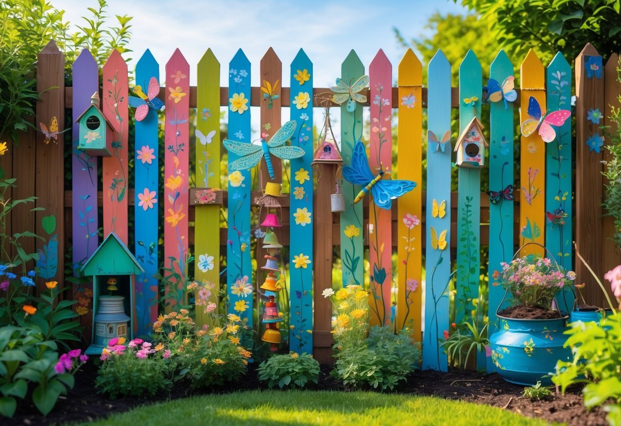 22+ Whimsical Garden Fence Art Ideas: Creative Ways to Transform Your Outdoor Space in the US 2 A garden fence decorated with colorful painted designs, birdhouses, metal sculptures, and hanging art surrounded by green plants and flowers under a clear sky.