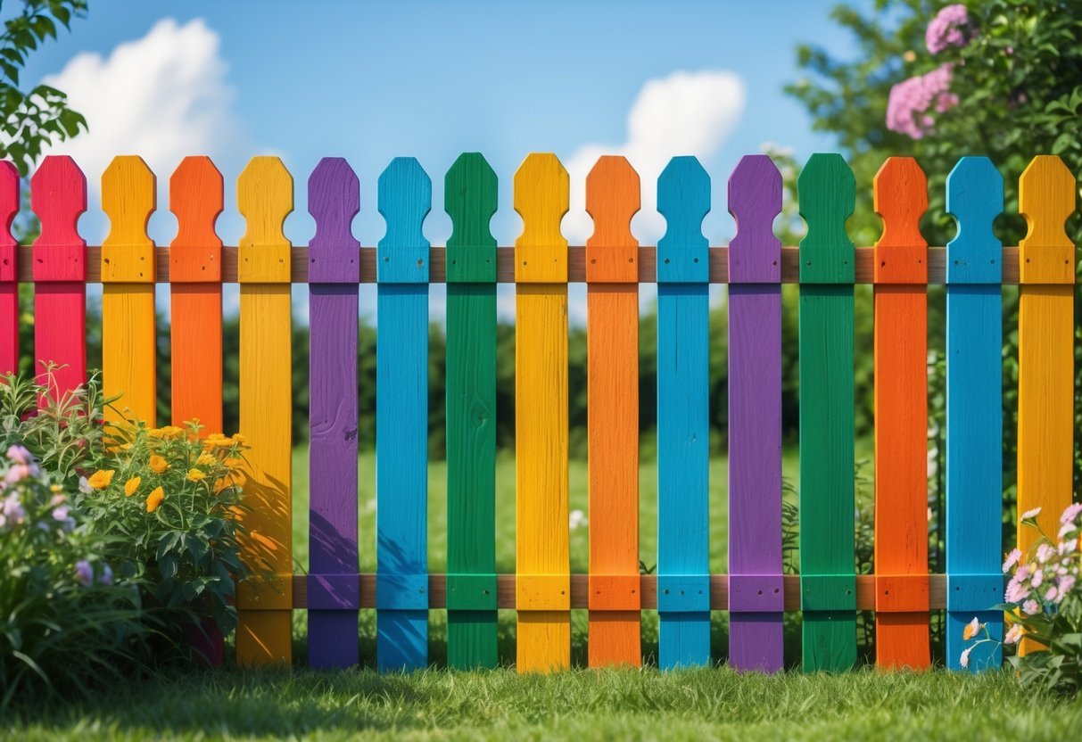 22+ Whimsical Garden Fence Art Ideas: Creative Ways to Transform Your Outdoor Space in the US 3 A colorful wooden fence painted in rainbow colors surrounded by a green garden with flowers and blue sky.