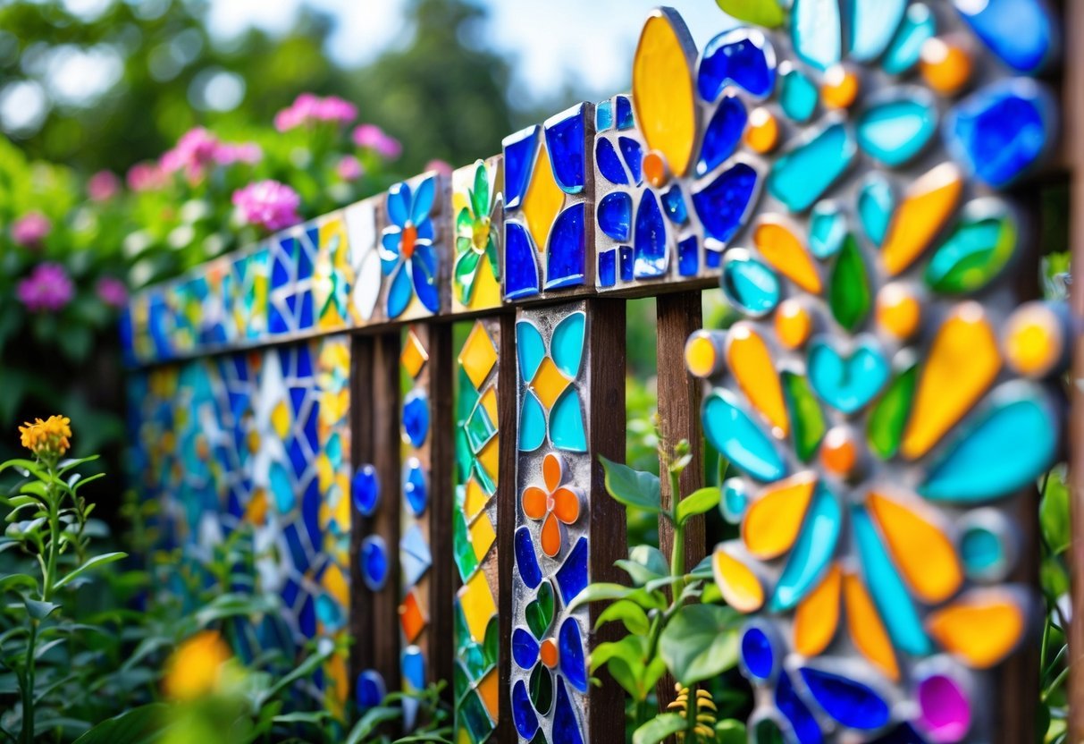 22+ Whimsical Garden Fence Art Ideas: Creative Ways to Transform Your Outdoor Space in the US 4 A garden fence decorated with colorful mosaic tile patterns surrounded by green plants and flowers.