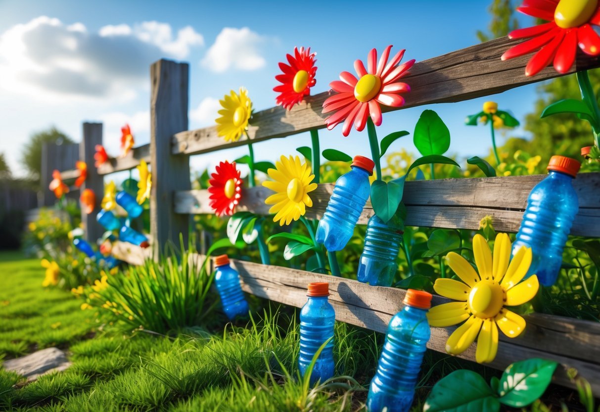 22+ Whimsical Garden Fence Art Ideas: Creative Ways to Transform Your Outdoor Space in the US 5 A garden fence decorated with colorful flowers made from recycled plastic bottles surrounded by green plants under a blue sky.