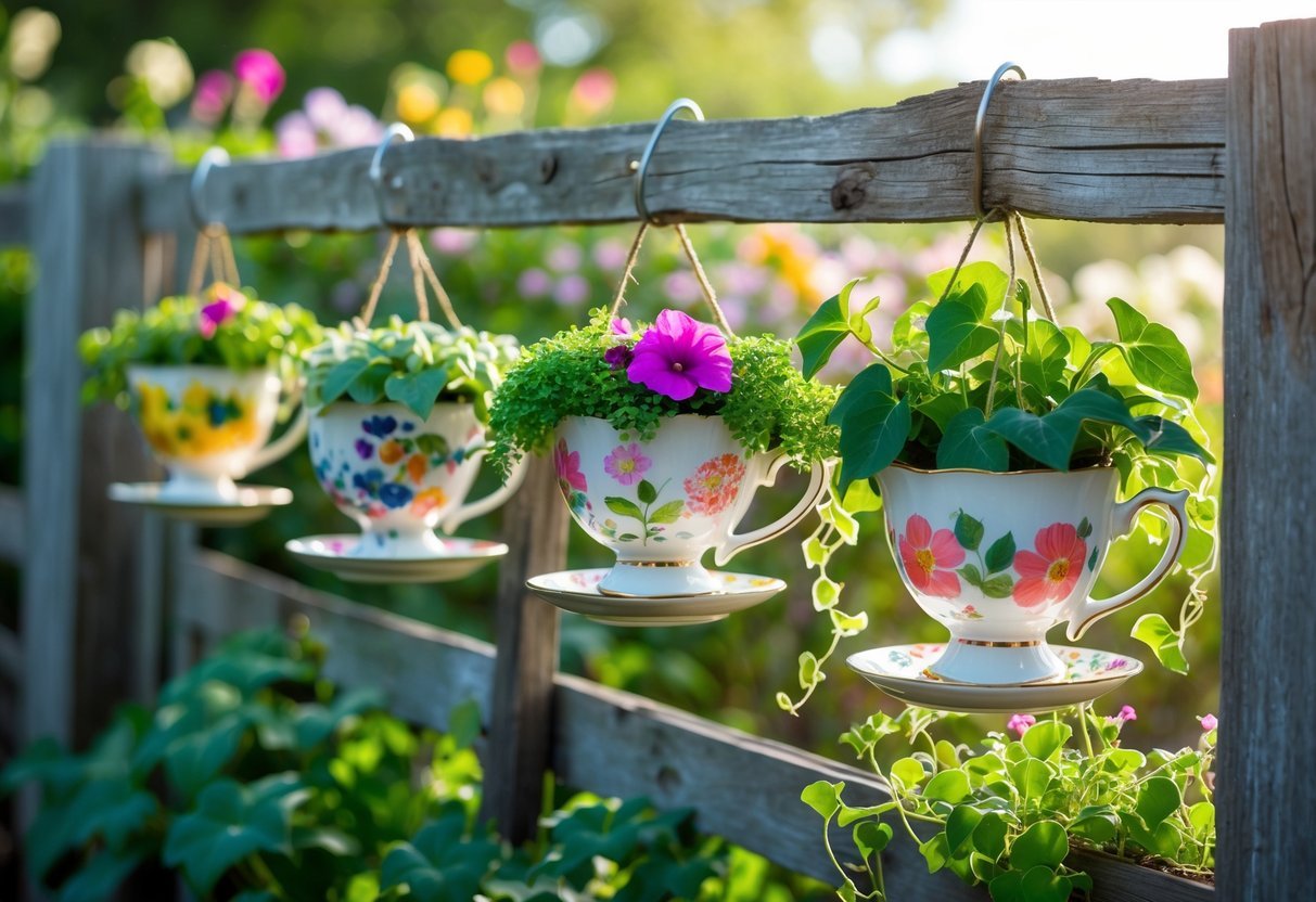 22+ Whimsical Garden Fence Art Ideas: Creative Ways to Transform Your Outdoor Space in the US 7 Five colorful teacup planters hanging on a wooden garden fence, each filled with green plants and flowers.