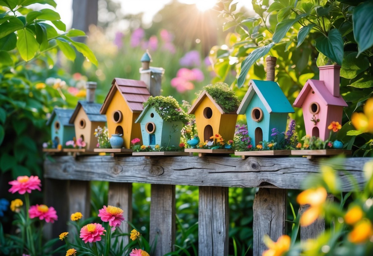 22+ Whimsical Garden Fence Art Ideas: Creative Ways to Transform Your Outdoor Space in the US 8 A garden fence decorated with colorful miniature birdhouses surrounded by green plants and flowers.